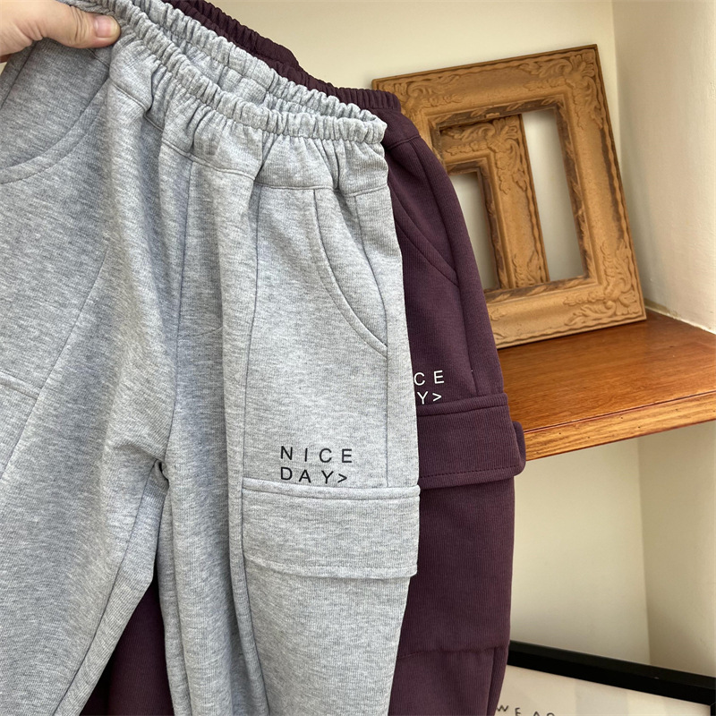 Pantaloni da lavoro e da sport per bambini autunnali 2024 per ragazzi e ragazze, tinta unita, con grandi tasche e lettere_voghion.com