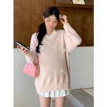 温柔假两件蝴蝶结V领粉色针织衫女秋冬胖mm水貂绒毛衣中长款上衣
