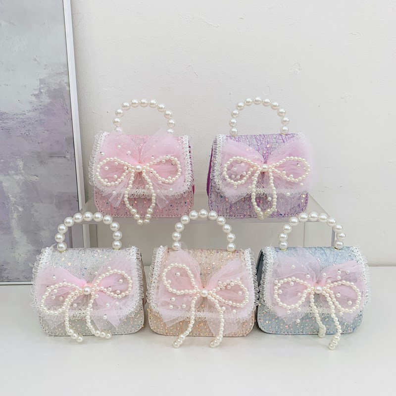 Bolso de hombro para niña con lazo dulce y lindo, estilo occidental, lentejuelas, mini bolso de perlas para bebé, bolso de cadena para niños