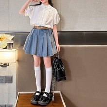韩版女童衬衫套装夏季2024新款牛仔裙子短袖儿童薄款大童装两件套