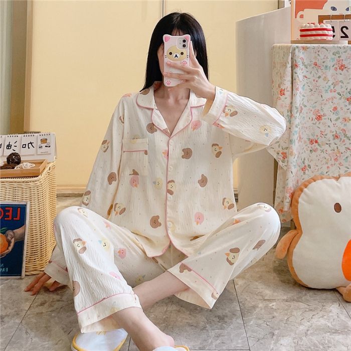 Pijamas transfronterizos al por mayor para mujer nube algodón otoño verano rebeca solapa pantalones de manga corta traje de servicio a domicilio simple y cómodo