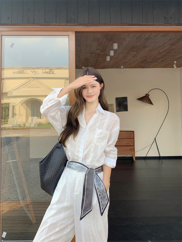 法式气质感套装女秋季2025新款白色刺绣蕾丝拼接衬衫拖地长裤|undefined