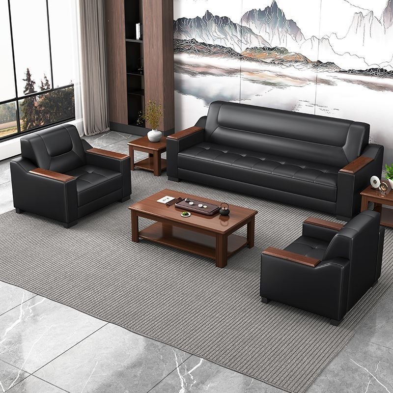 Office sofa set with a three-seater sofa and a coffee table (3+1+1 configuration), suitable for business reception, featuring high-quality, scratch-resistant leather, and a four-seater option, a popular choice for office spaces
