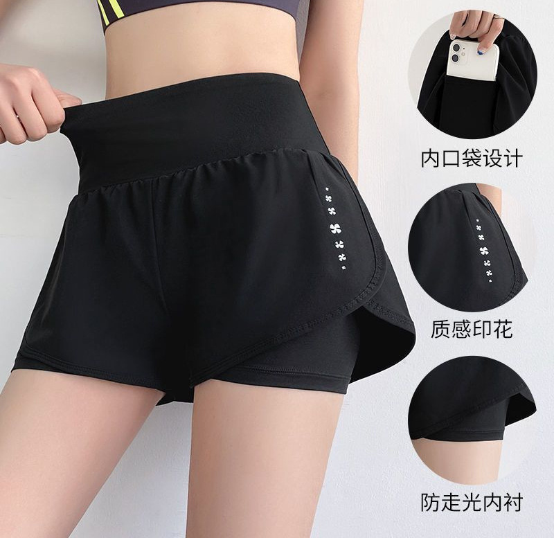 Women's Sports Shorts with Faux Two-Piece Design, Anti-Exposure, 3-Point Running Shorts, High-Waisted Yoga Casual Shorts with Double-Layer Pockets for Summer