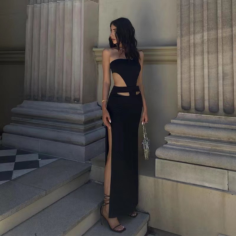 Fashion Sexy Strapless Hollow Out Cutout High Slit Bodycon Evening Dresses For Women_ecoleips.com