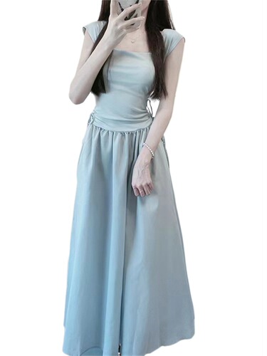 Blue Square Collar Strap Dress Women's Summer 2025 Splicing Skirt High-end Feeling Slimming Long Dress