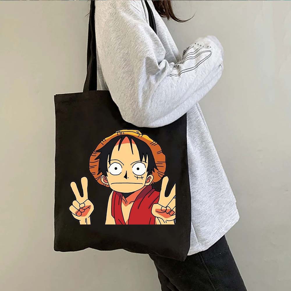 Una pieza de una pieza luffy anime impreso bolsa de lona bolsa de hombro bolsa plegable bolsa de compras