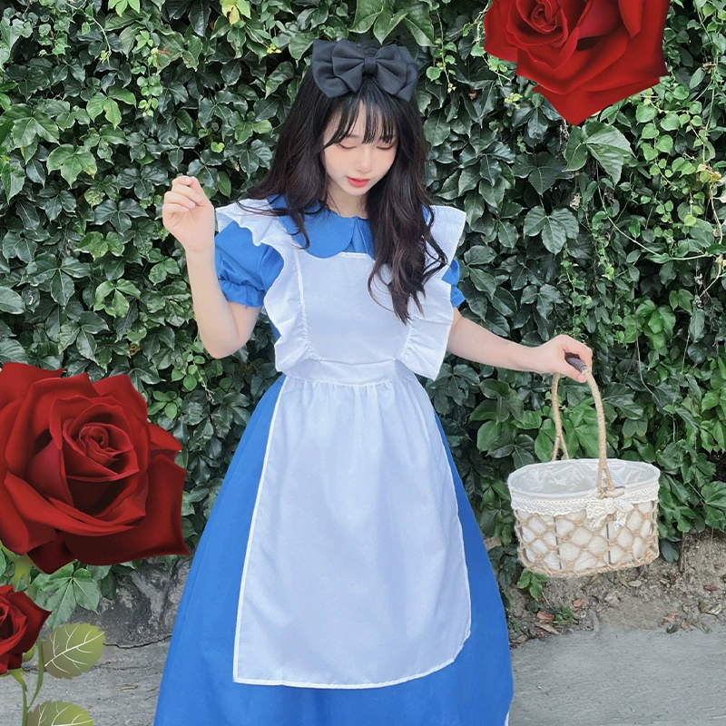 Платье принцессы в стилеLolita, короткий рукав, голубой Apron с аксессуаром для волос, размеры S–XL