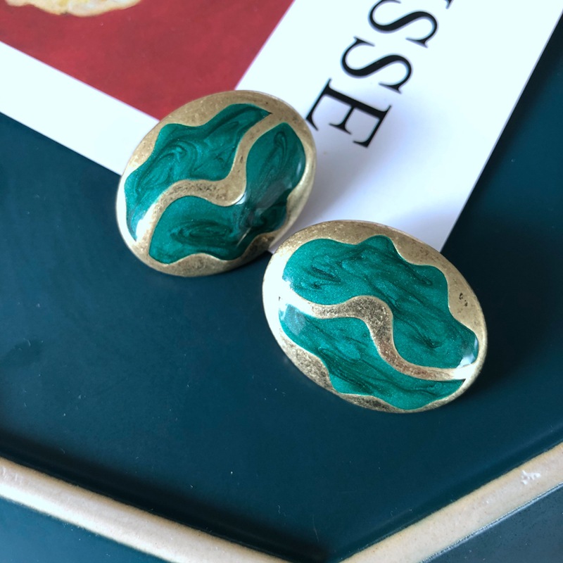 10g Weight No Inlaid Inlay Material Earrings, Ear Studs Classification Travel Occasion Printing Pattern Women'S Gender Plating Design Simple Style Style Green, Gold, Silver Color Fashion Geometric Flower Green Fan-shaped Earrings 6