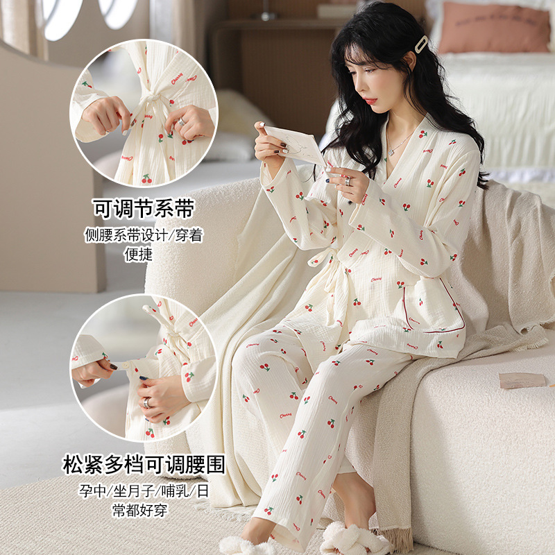 Class A Pregnant Women's Pure Cotton Gauze Monthly Clothes Pajamas Autumn and Winter Long Sleeve Postpartum Breast-feeding Plus Size Home Clothes