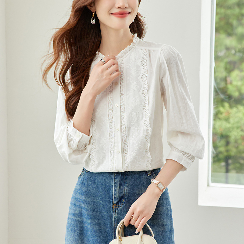 Factory Direct Sales Lace Round Neck Long-Sleeved Shirt Women's Spring New Style Simple Commuting Versatile Loose Casual Top for Women