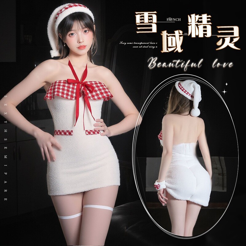 Sexy Lingerie Snow Elf Christmas Costume for Women, Cute Furry Plaid Halter Neck One-Shoulder Bodycon Short Dress Sexy Lingerie Snow Elf Christmas Costume for Women, Cute Furry Plaid Halter Neck One-Shoulder Bodycon Short Dress