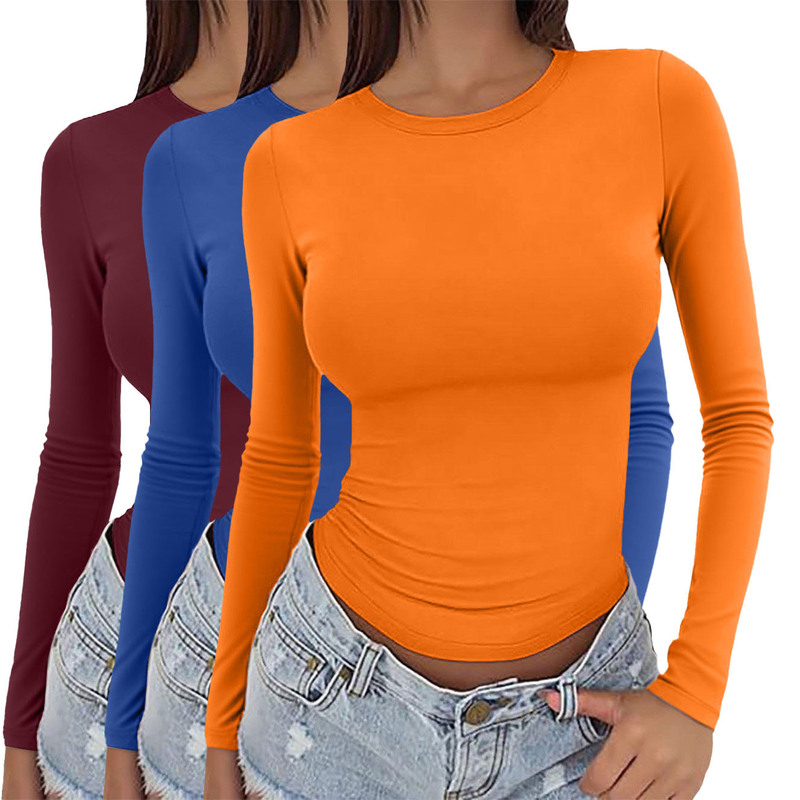 Cross-Border Amazon Autumn Long-Sleeved Tops Sexy Outer Wear T-Shirt Women's Pullover Round Neck Bottoming Shirt Women's Slimming Look 3Pc