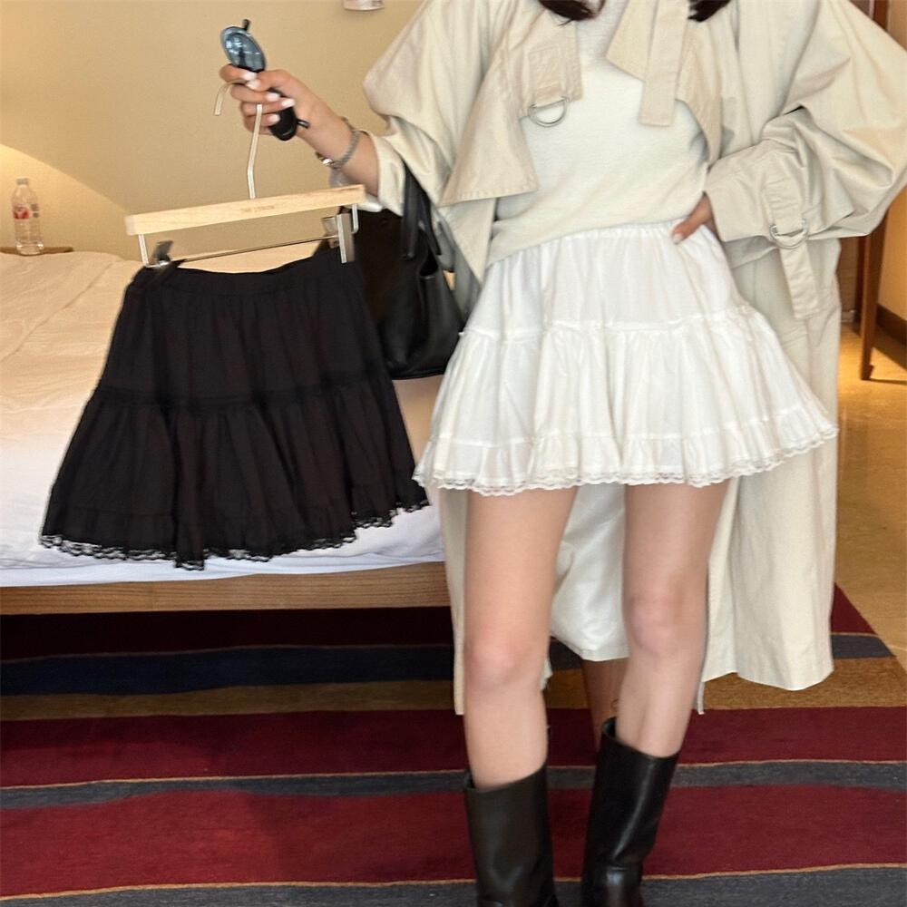 Spring 2026 Sweet Girl Puffy Cake Skirt White A-Line Lace Trim Short Skirt for Women