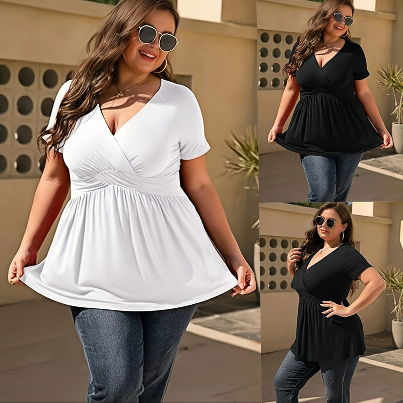 Spring/Summer 2025 New Cross-border Amazon Independent Station Explosions Women's plus size T-shirt V-neck Top Foreign Trade Women's Wear