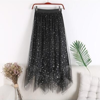 2025 New Autumn and Winter High-Waisted Star Sequin Gold Velvet Lined Asymmetrical Mesh Skirt Mid-Length Skirt