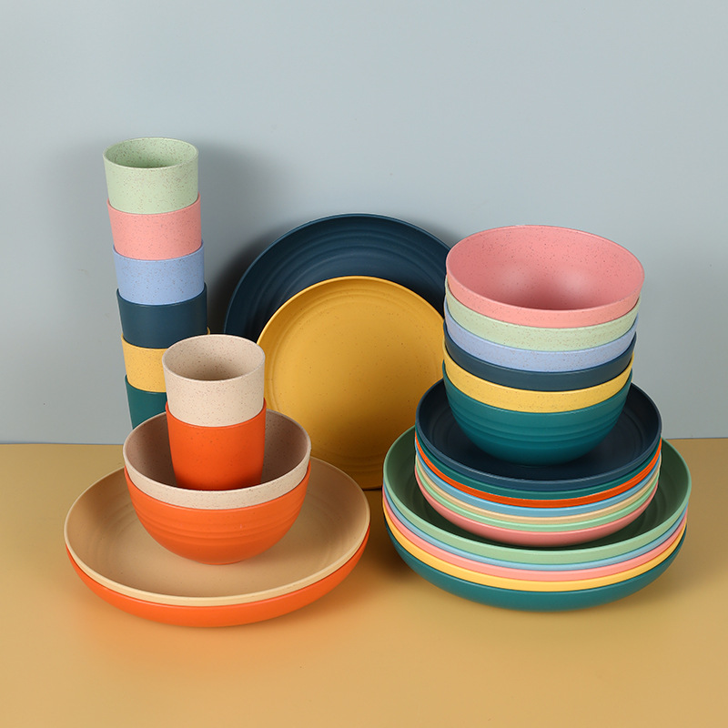 Amazon Cross-border Supply Small Wheat Tableware Mismatched Plate Bowl Cup Saucer Set Outdoor Home Use Shockproof Tableware Gift Box Set