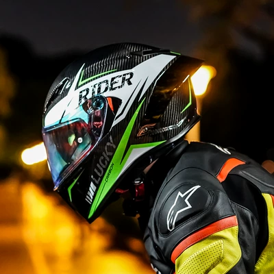 for Men and Women Motorcycle Bluetooth Motosiklet kaskı (dəbilqə) - carbon-fiber-conqueror-green-with-lens-dazzling-blue-lens-m