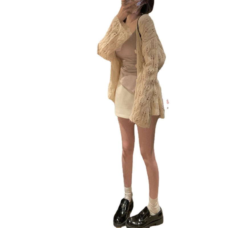 Meow Girlfriend Lightweight Embossed Spinning mohair Hollow Coat Women's Thin Knitted Cardigan 2023 Slimming All-match