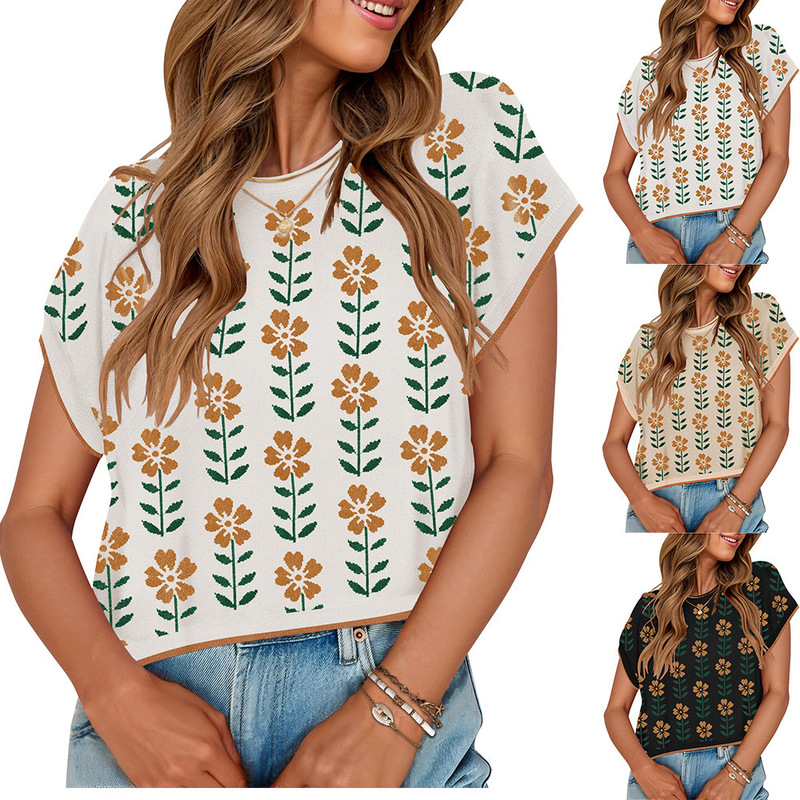 Cross-border Foreign Trade Amazon 2025 Summer Hat Sleeve Navel Short Sleeve Color Block Crewneck Knitted Small Flower Sweater Short Cross-border Foreign Trade Amazon 2025 Summer Hat Sleeve Navel Short Sleeve Color Block Crewneck Knitted Small Flower Sweater Short