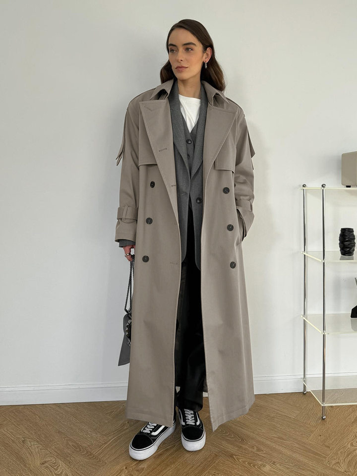 Áo khoác trench coat nữ dáng dài phong cách Âu Mỹ, chất liệu cotton, form rộng có dây thắt eo — Màu kaki, màu xám chi tiết 34