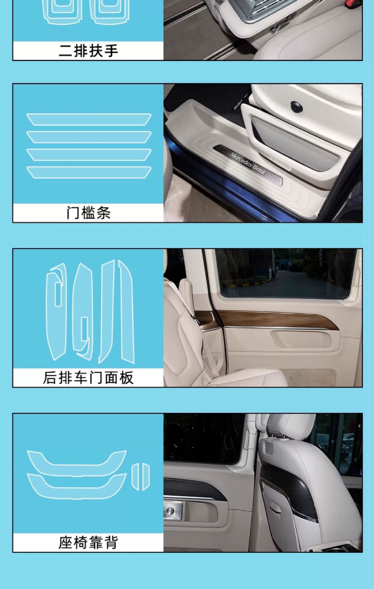 Suitable for 26 models of Mercedes-Benz V-Class 300L: interior protective film, center console film, display screen tempered glass film, and modification parts