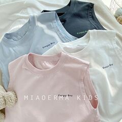 夏綿子供のノースリーブベストラウンドネックベビーカジュアルベスト軽量 Tシャツアウターボーイズボーイズ