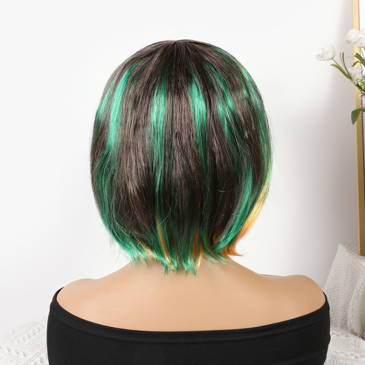 Transfronterizo nuevo verde-naranja mezcla gradiente largo recto 12 pulgadas sin encaje pelo recto europeo y brasileño peluca