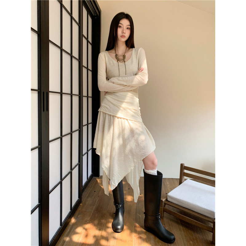 Real shot in stock 2024 new wool irregular hem dress women's French large U collar long sleeve