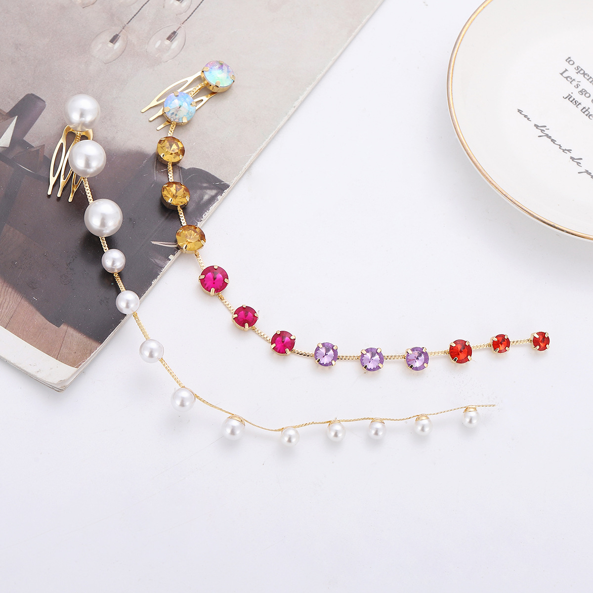 Europeo y americano transfronterizo accesorios para el cabello partido Cola de Caballo peine del pelo decorativo color rhinestone joya borla peine del pelo horquilla al por mayor