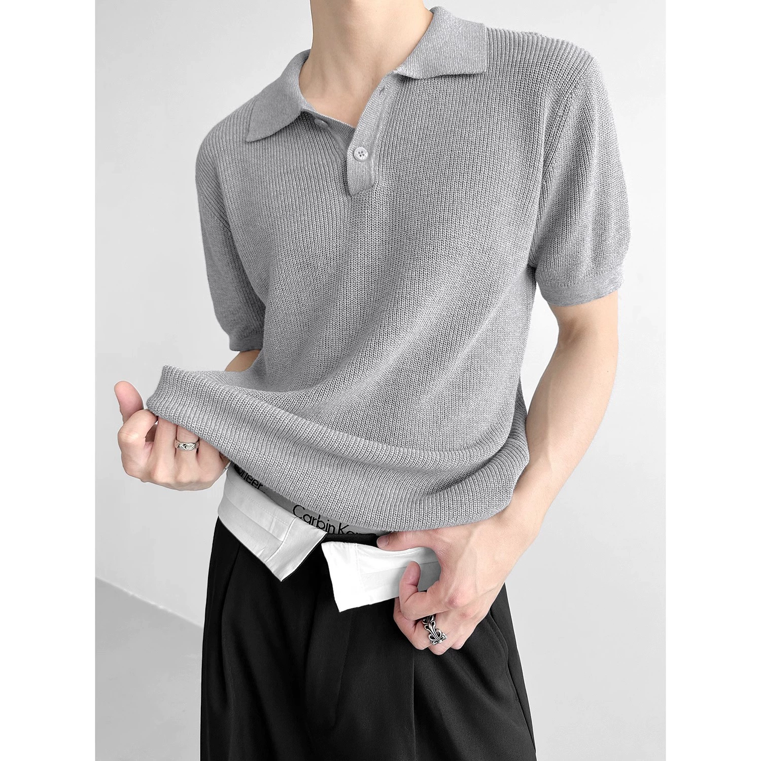 Корейский минималистский cleanfit трикотажный свободный с короткими рукавами мужской сплошной цвет рубашка поло высокого уровня чувство летняя футболка с отворотом