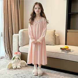 黁白女童睡裙春秋款儿童长袖睡衣大童家居服女孩秋季长款儿童睡裙