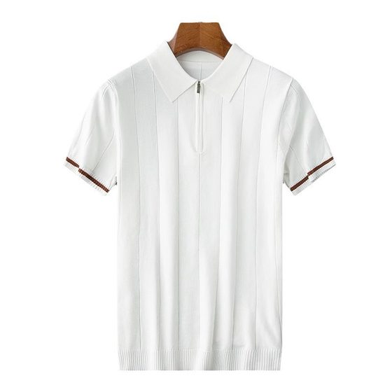 Light Luxury Summer Thin Ice Silk Knitted White Shirt Men's Short-sleeved Slim-fit Zipper Casual Men's Paul Shirt