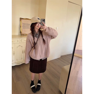 实拍~V领麻花针织衫毛衣+复古格子衬衫+灯芯绒半身裙女套装89927