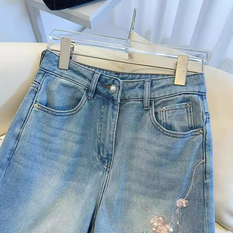 デザインワイドレッグジーンズ 2025 春夏新女性ハイウエストファッション中国風の花刺繍ストレートデニムパンツ|undefined