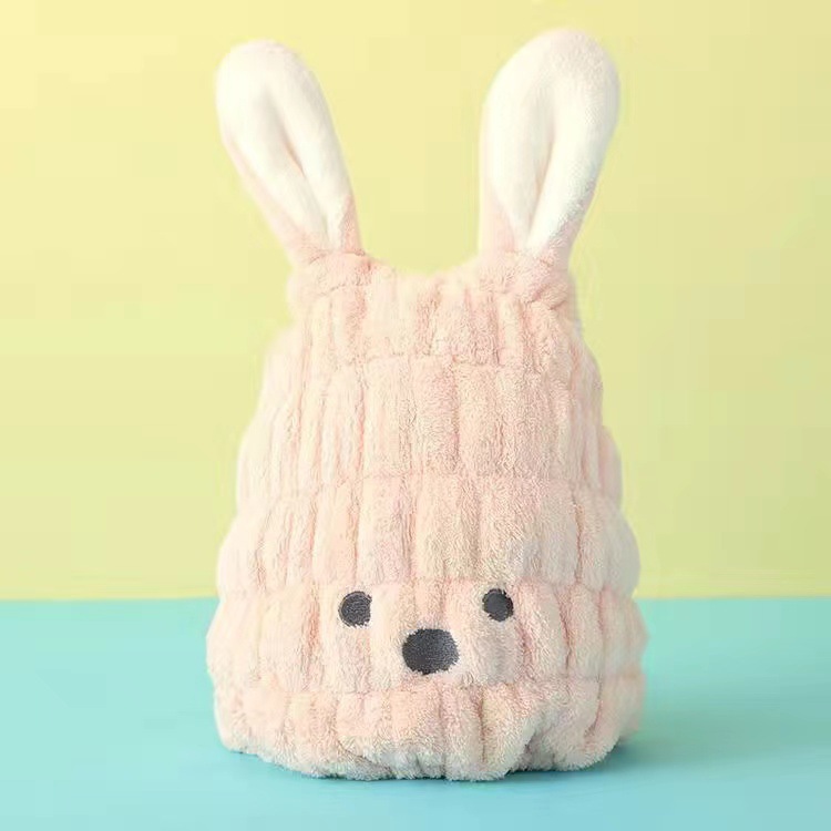 Niños sombrero de cabello seco al por mayor lindo sombrero de baño de conejo de dibujos animados bolsa de coral toallas elásticas para el cabello