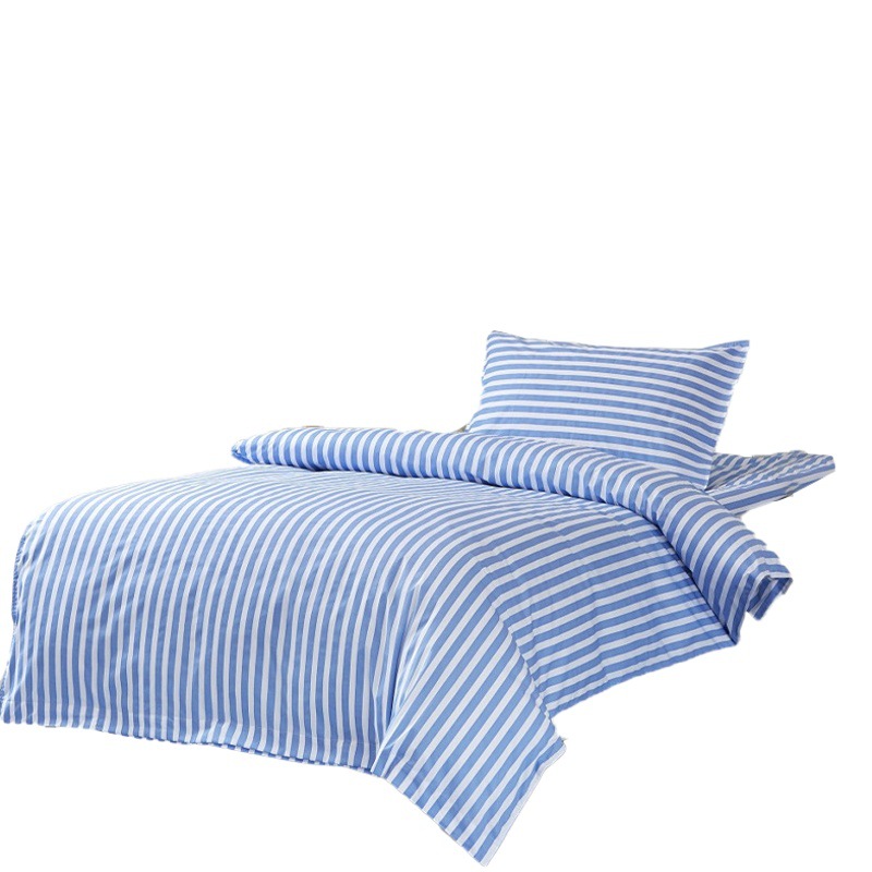 Sala ropa de cama de hospital personalizada Hogar de Ancianos dormitorio de estudiantes hoja de cama edredón cubierta azul y blanco puro algodón a rayas conjunto de tres piezas