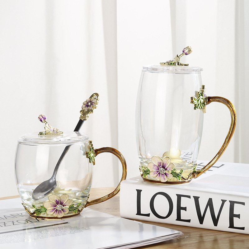 轻奢珐琅彩水杯耐热玻璃杯花茶杯菊花家用杯子套装创意新款咖啡杯