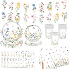 春の野の花の花のテーマ使い捨て紙皿テーブルクロスティッシュ誕生日パーティーセット装飾アレンジメント用品