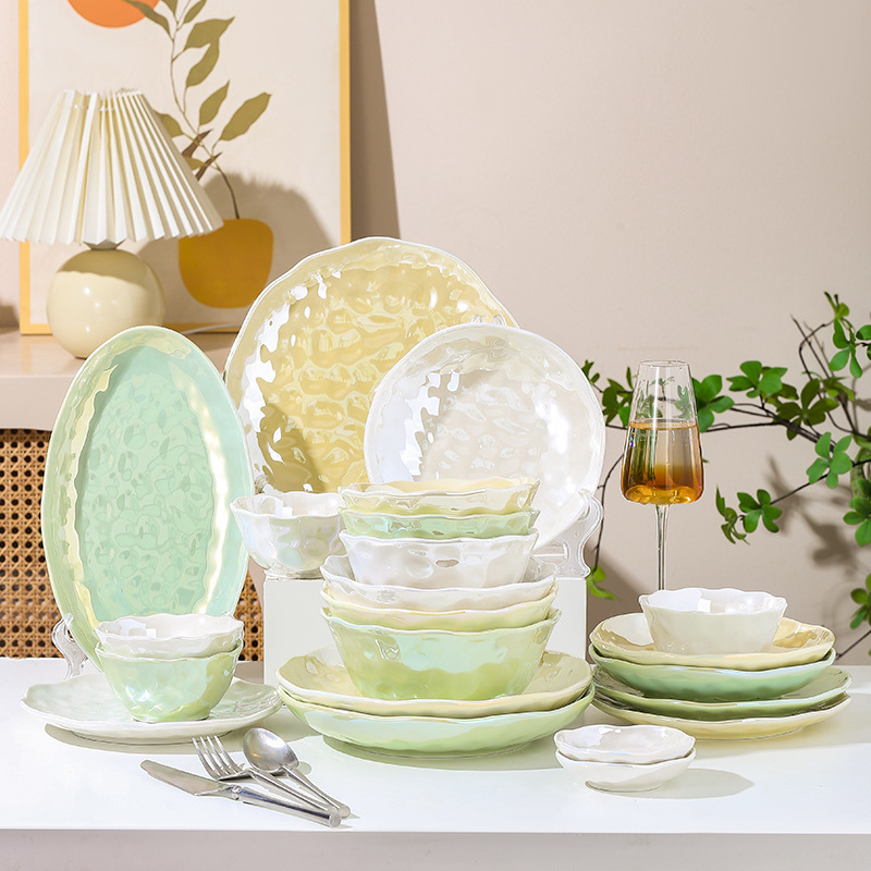 Nordic Tableware Household Ceramic Rice Bowl Pearl Glazed Salah Bowl Fish Plate Soup Bowl Dishes Gift Wholesale suit