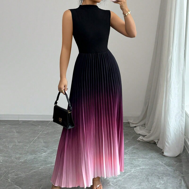 New Arrivals in European and American Cross-Border Spring Fashion: Light and Flowing Round-Neck Sleeveless Gradient Dress