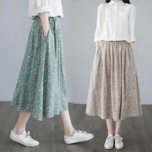 Pocket artistic small floral skirt women's mid-long fresh summer new slimming high-waist a-line skirt