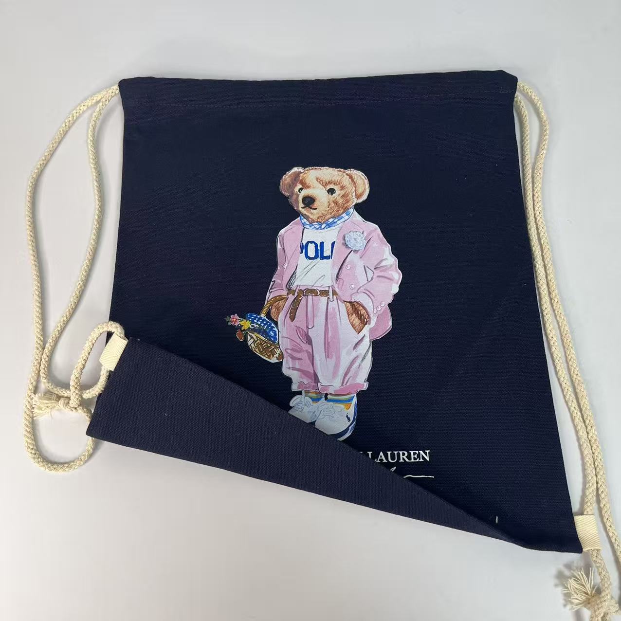 乐天日韩POLO束口袋款印花熊帆布包购物袋背包单肩手提袋托特包
