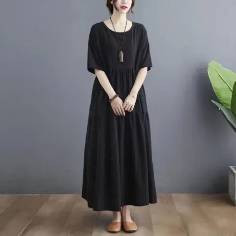 Summer fashion, artistic design for plus-size women: Large-size cotton-linen short-sleeve dress with paneling—perfect for hiding belly area, creating a slimming effect, and offering a relaxed, flowy silhouette.