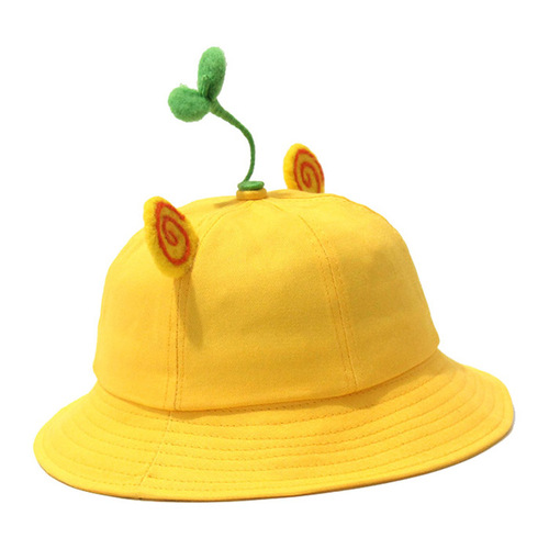 Sunshade Sun Hat for Kindergarten Children, Trendy and Cute Autumn/Winter Fisherman Hat with Green Sprout, Logo Printed Yellow Hat for Primary School Students