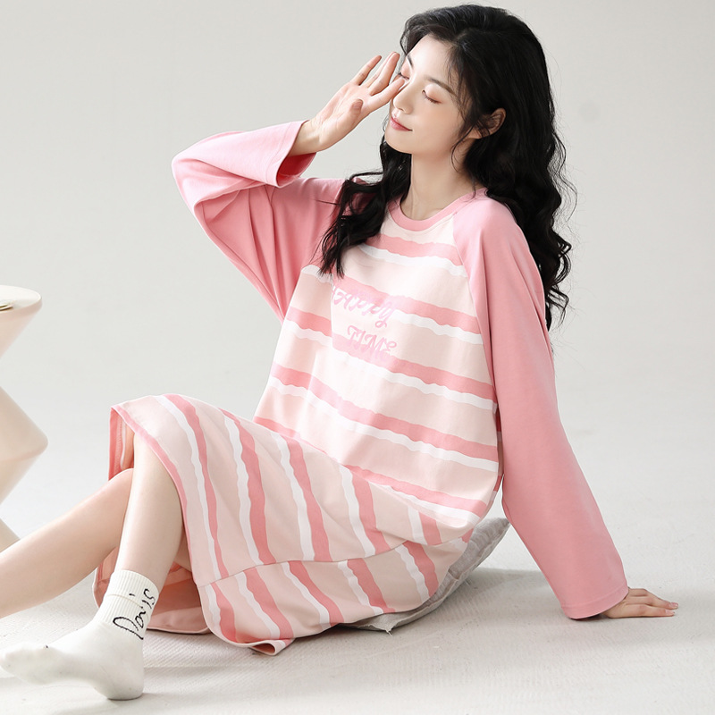 Camisón con almohadilla en el pecho Otoño e Invierno de las mujeres de manga larga de algodón puro pijamas de niña linda al por mayor de fábrica dulce directo se puede usar fuera