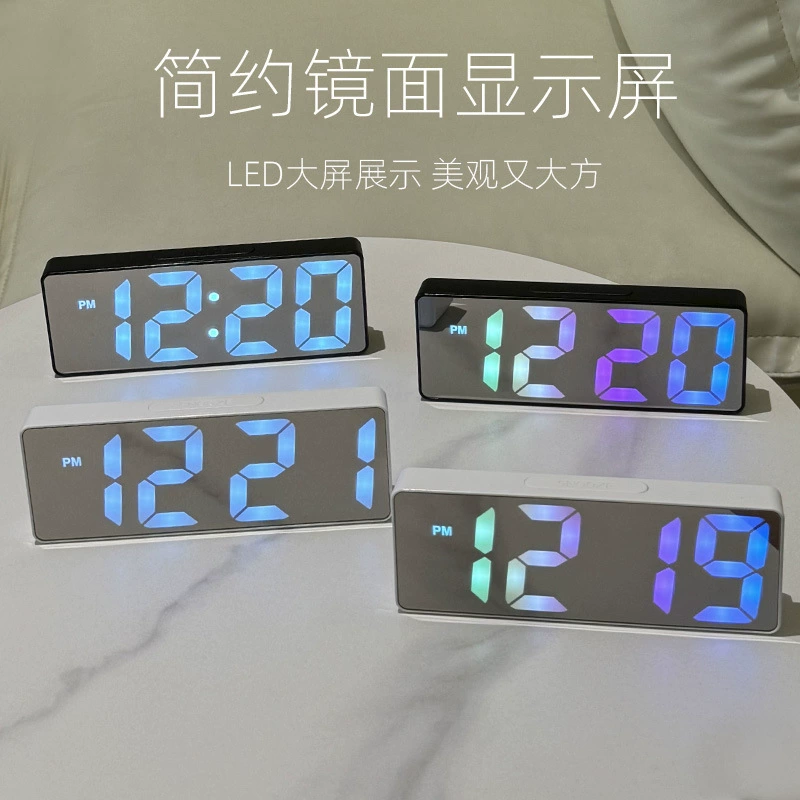 LED mirror alarm clock, smart electronic USB/battery, time/date/temperature display, 12/24h