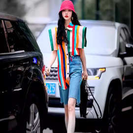 彩虹撞色条纹纽扣翻领长款个性无袖上衣两件套女装潮流牛仔中裤潮