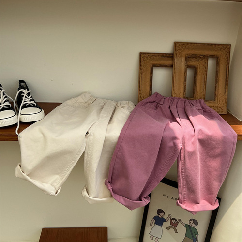 秋季儿童纯色直筒长裤欧美范男童女童棉布水洗长裤