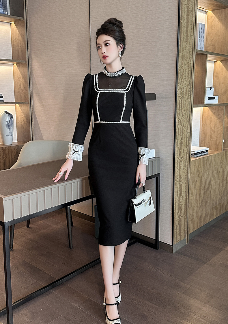 Đầm maxi nữ thắt eo kiểu Hepburn cổ tròn đính hạt — Màu đen chi tiết 6